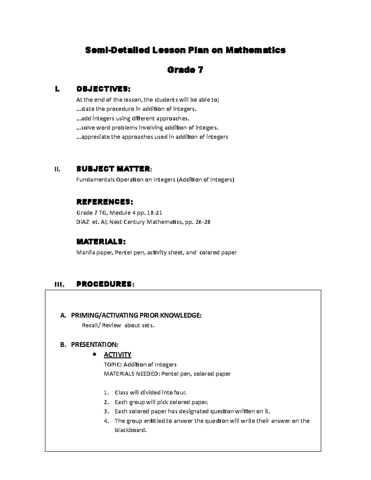 Semi Detailed Lesson Plan on Mathematics - Semi-Detailed Lesson Plan on ...