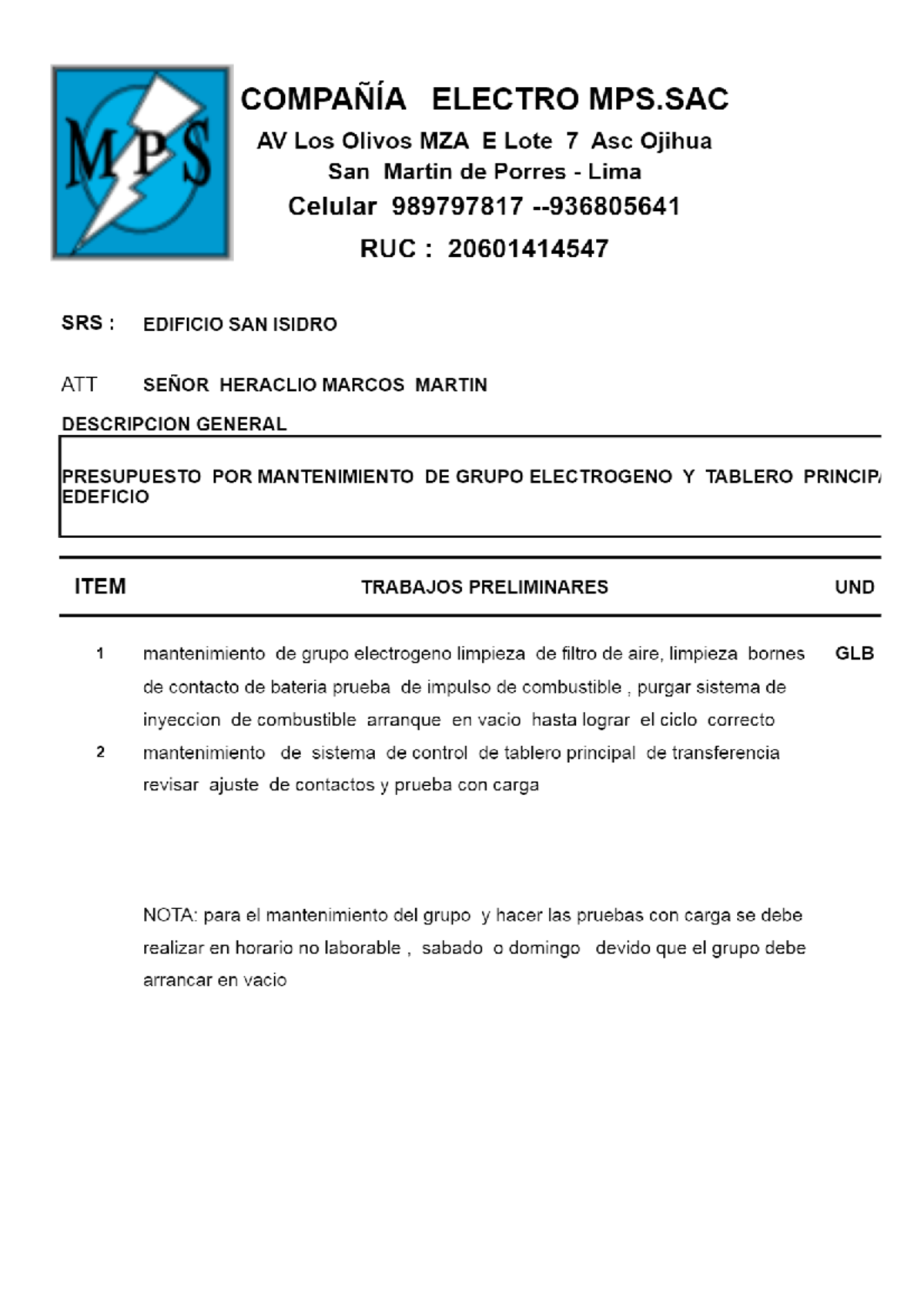 Presupuesto Mantenimiento De Grupo Electrogeno Ilide.INFO Platform PDF ...