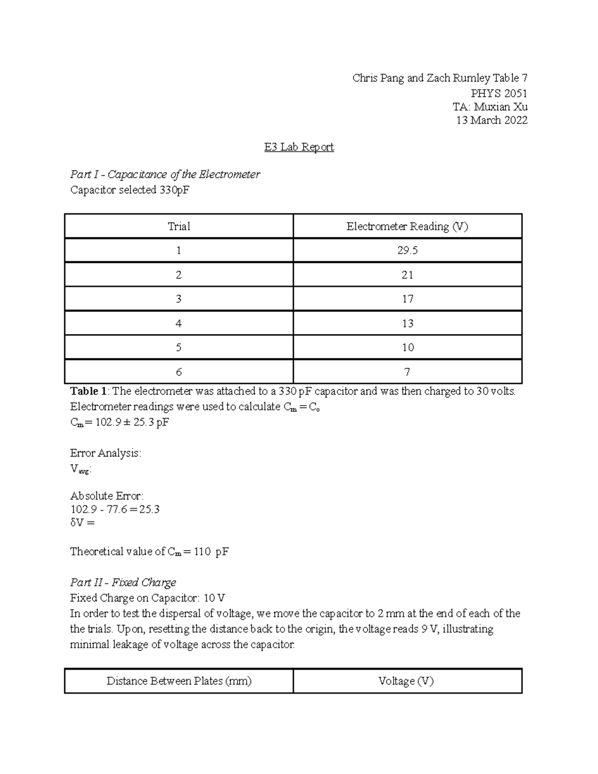 E3 Lab Report Physics Ii Lab Chris Pang And Zach Rumley Table 7 Phys 2051 Ta Muxian Xu 13 3819