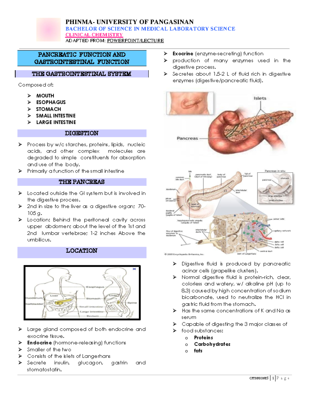 Pancreatic Function AND Gastrointestinal Function Trans - BACHELOR OF ...