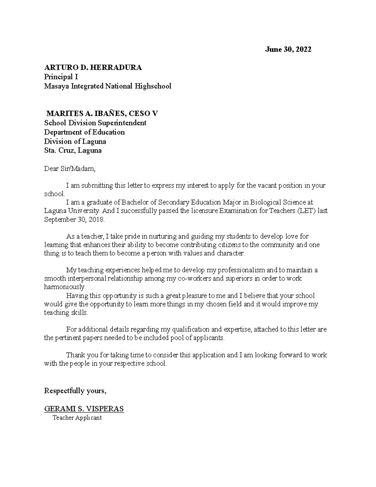 Application Letter in Masaya and Masapang - June 30, 2022 ARTURO D ...