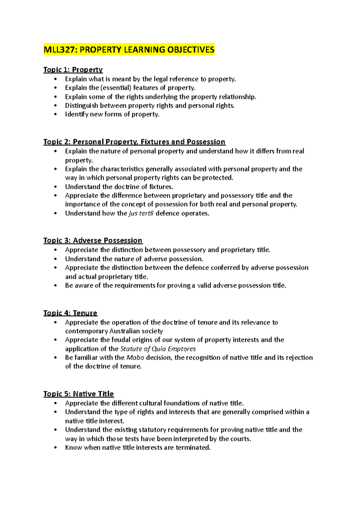 MLL327 - Learning objectives per topic - MLL327: PROPERTY LEARNING ...