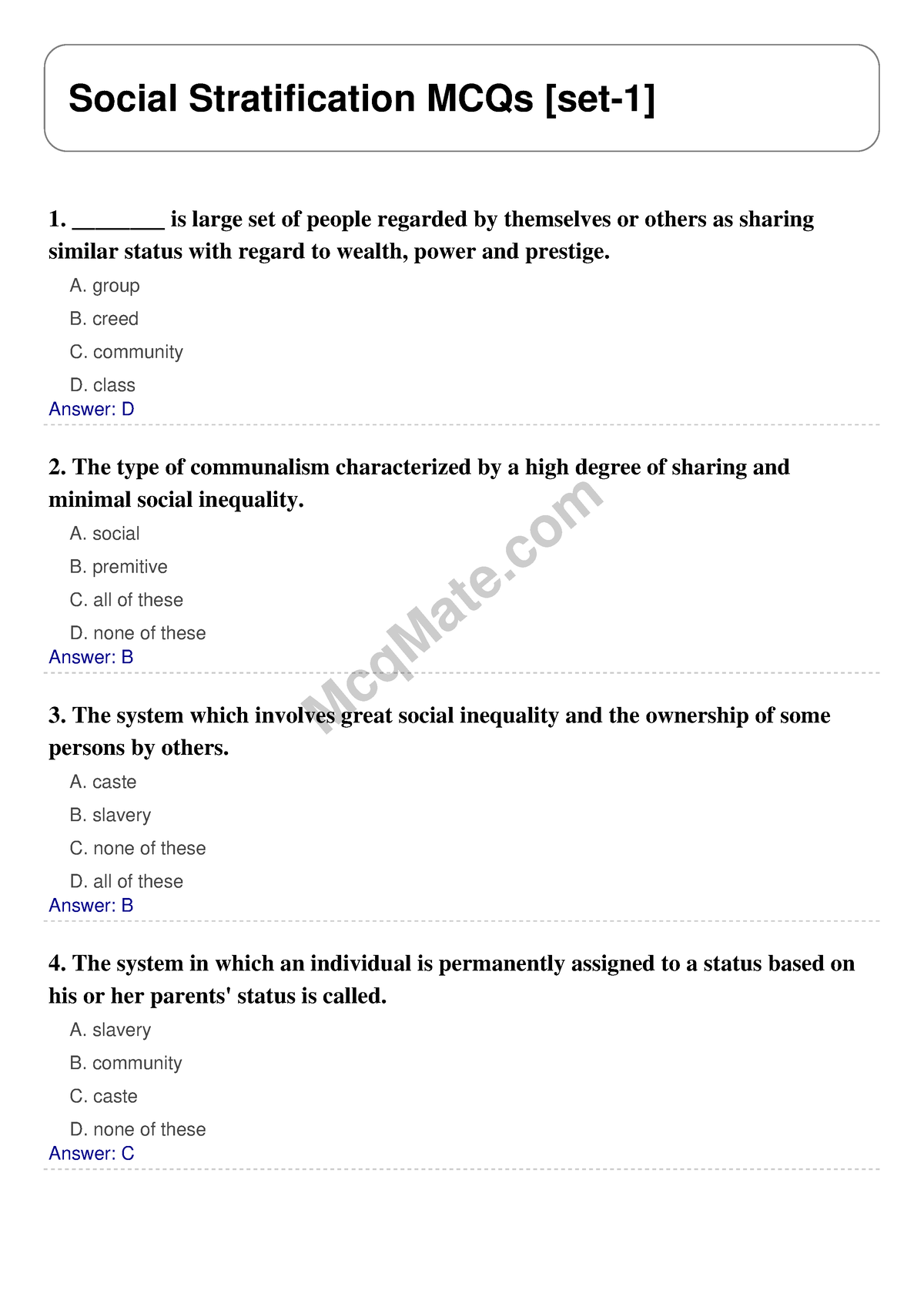 Social Stratification Solved MCQs [set-1] Mcq Mate.com - McqMate Social ...