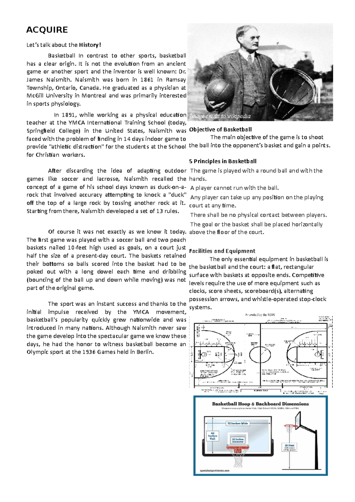 Lesson 1 Readings History of Basketball ACQUIRE Objective of