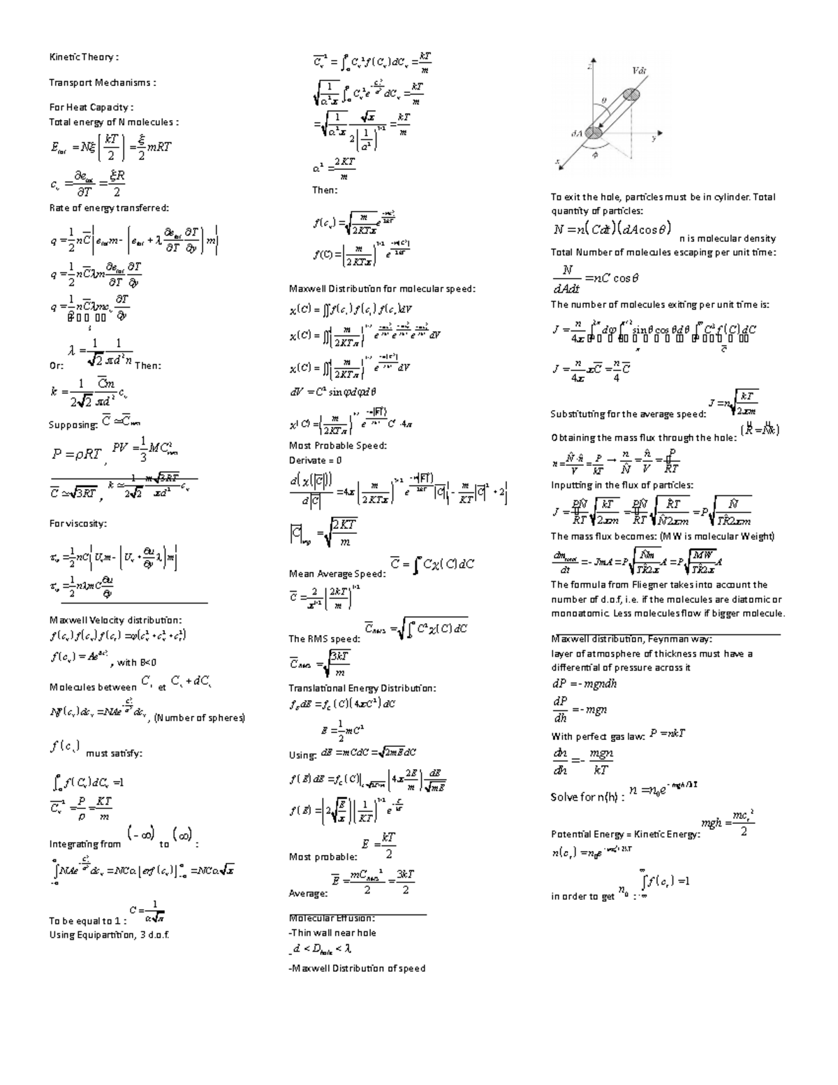 Summary - Personnal Cheat Sheet - Kinetic Theory : Transport Mechanisms ...