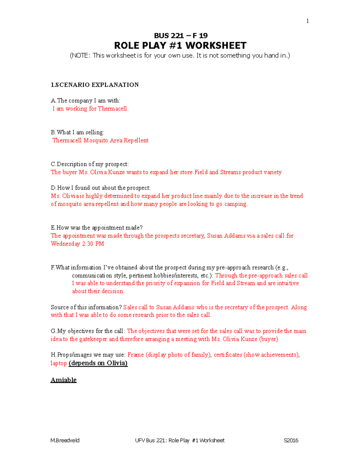 RP1 Worksheet 221 f19 - A potential script for the BUS 221 sales pitch ...