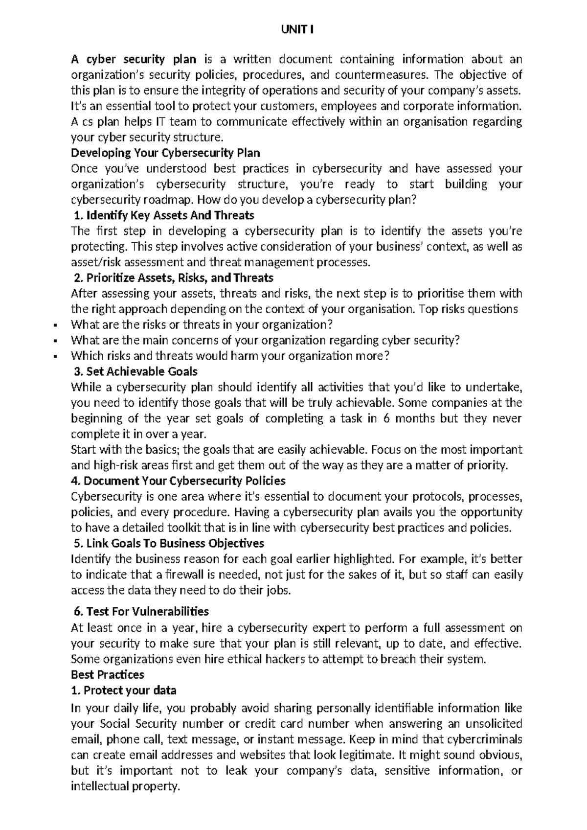 CS notes -2023 - A Glance - UNIT I A cyber security plan is a written ...