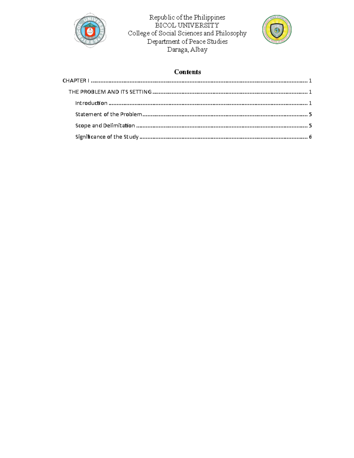 Chapter 1 BU College of Social Sciences and Philosophy BICOL