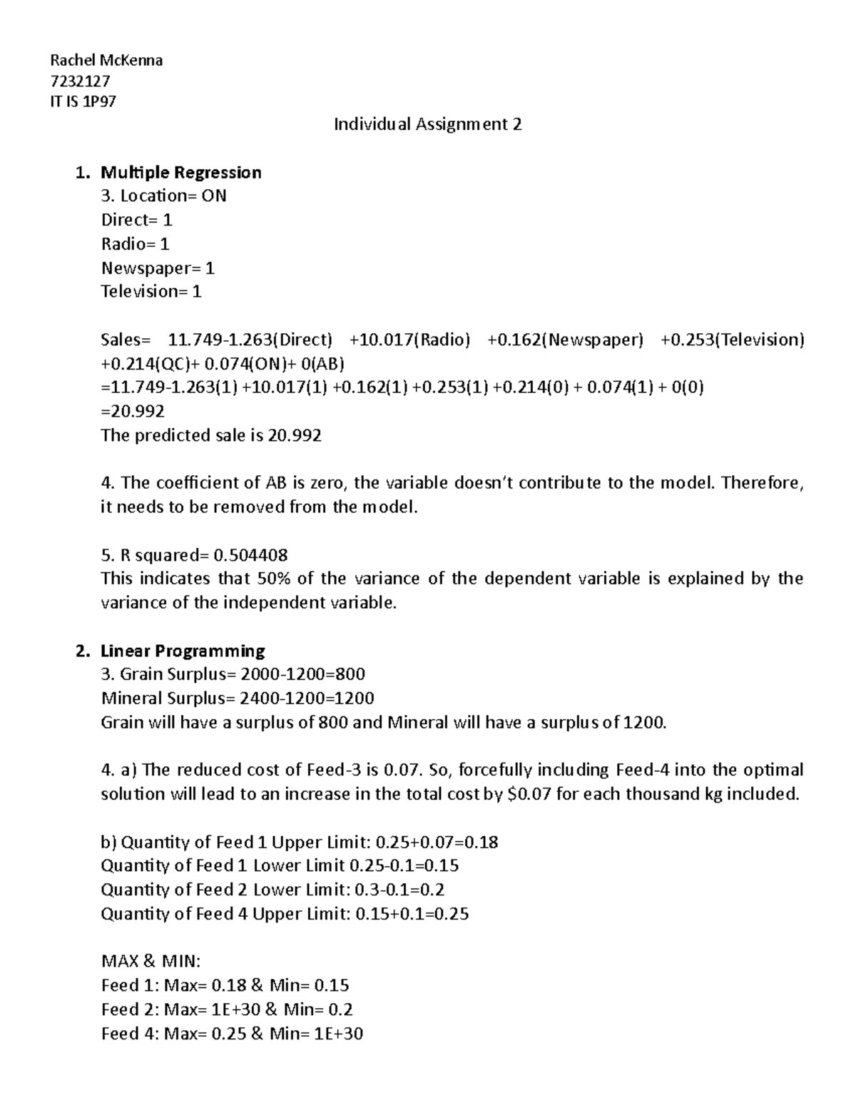 Individual Assignment 2 - Rachel McKenna 7232127 IT IS 1P Individual ...