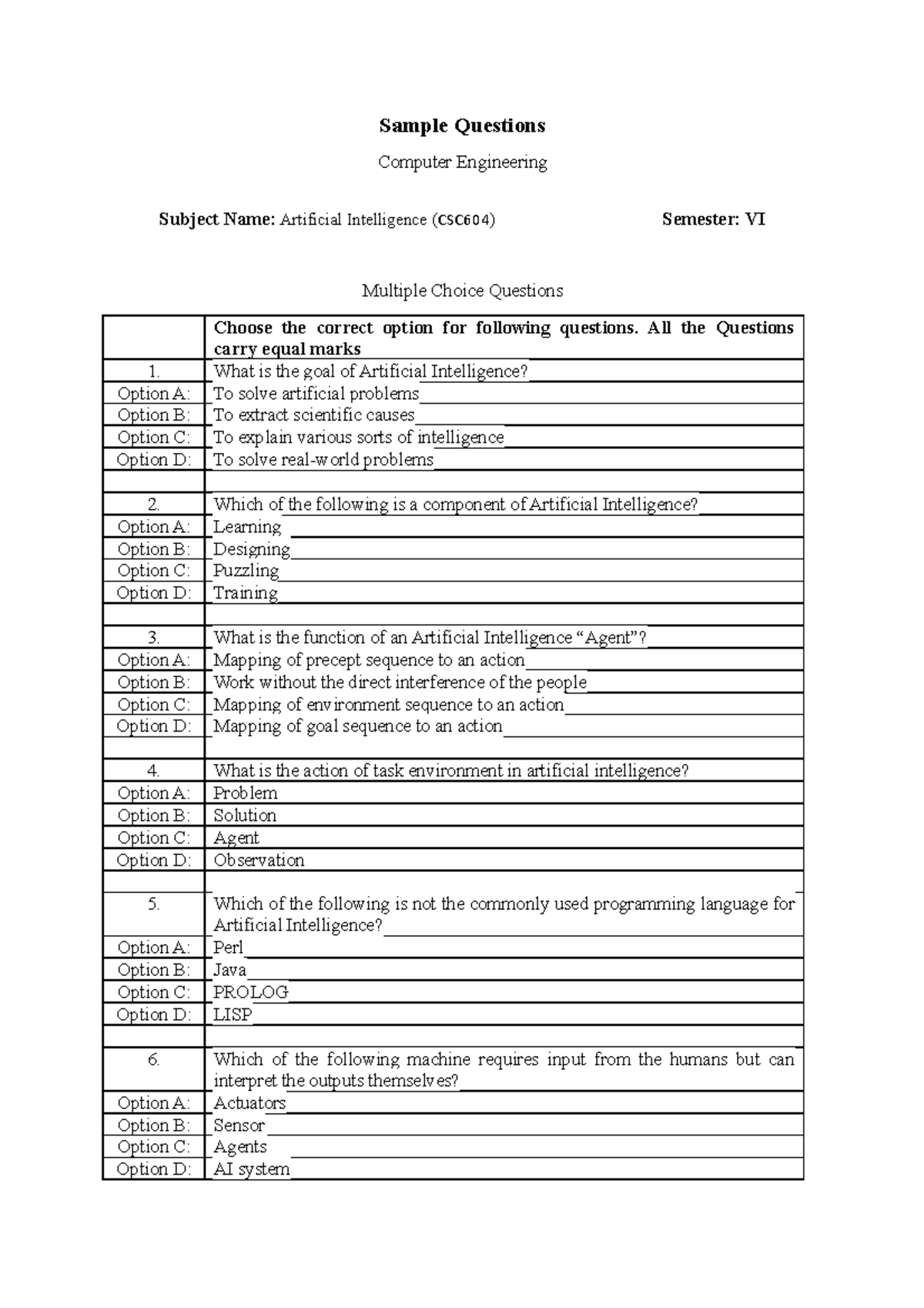 Comp Sem VI Artificial Intelligence+Sample Questions - Sample Questions ...