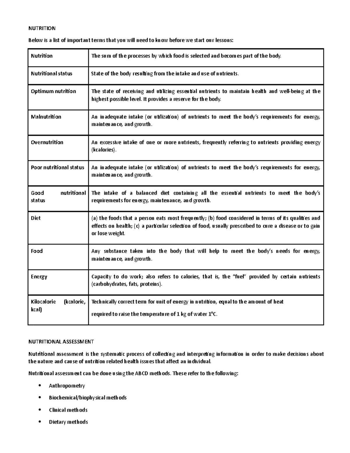 Nutrition and Diet Therapy - NUTRITION Below is a list of important ...