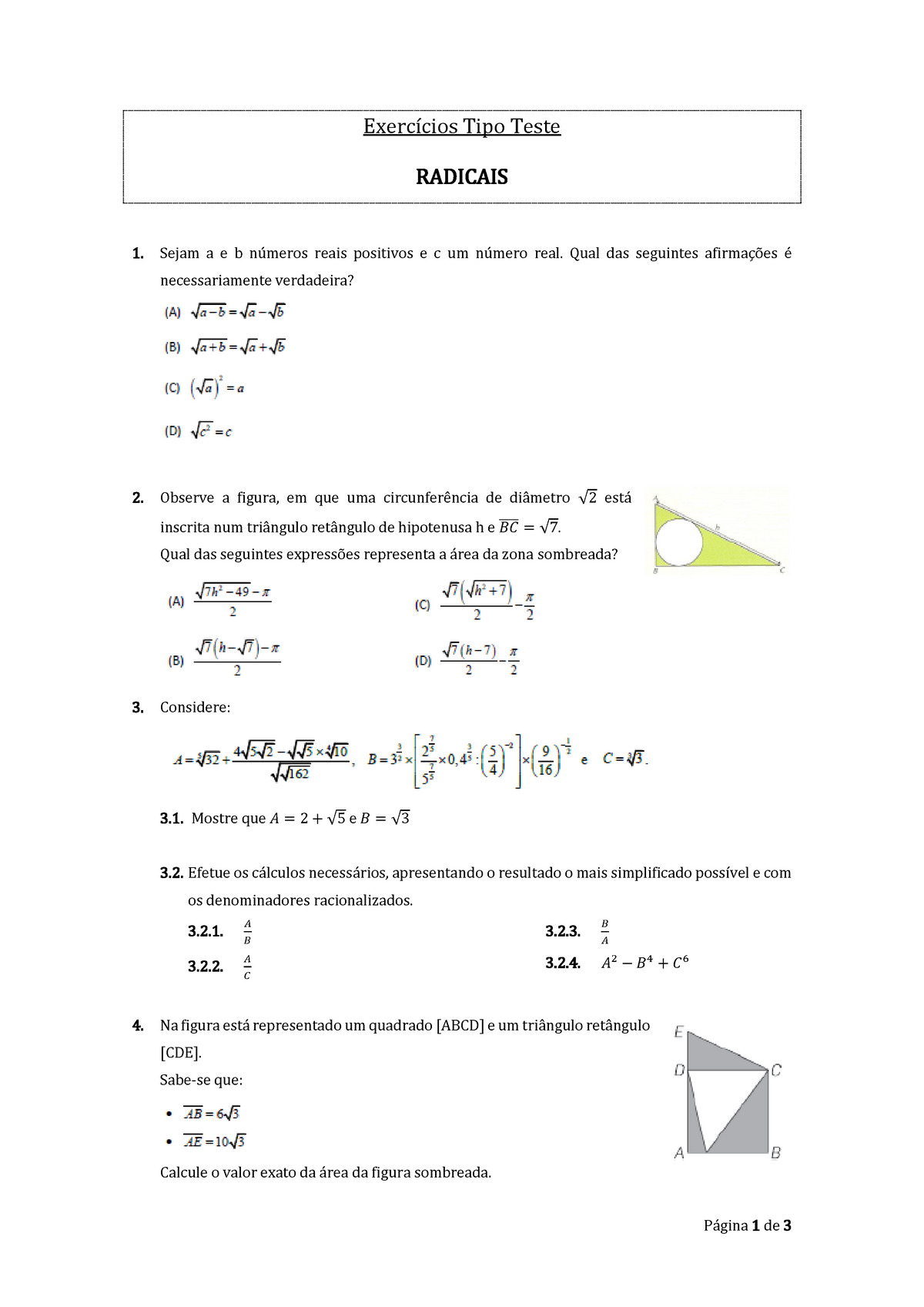 Radicais - Página 1 De 3 Exercícios Tipo Teste RADICAIS Sejam A E B ...