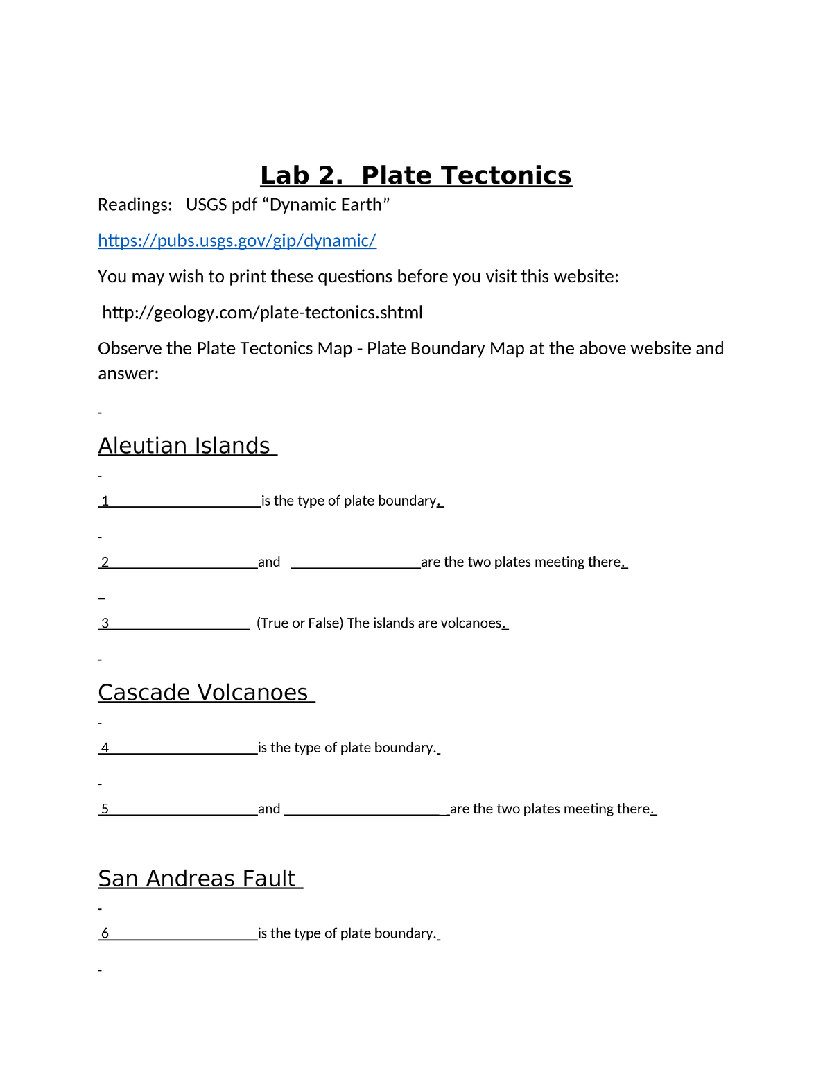 PHYS 1403 Lab 2 Plate Tectonics - Lab 2. Plate Tectonics Readings: USGS ...