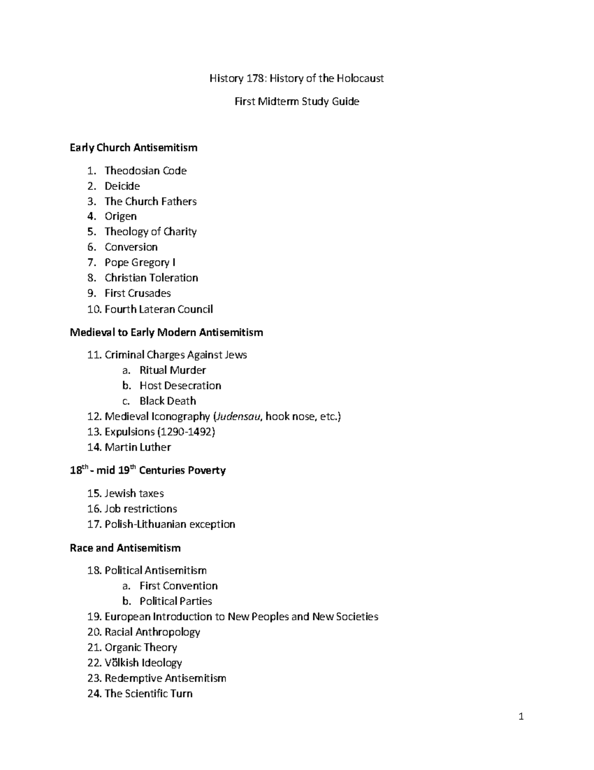 Midterm 1, Study Guide - 1 History 178: History of the Holocaust First ...