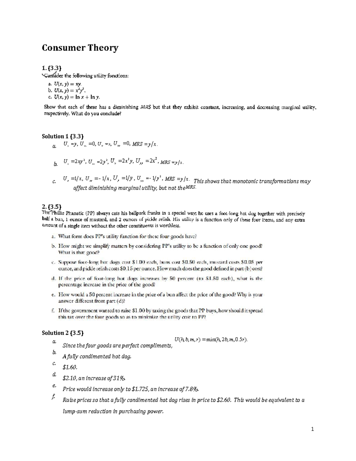 MID 1- CHAP 3 4 5 Solutions- BOOK Problems - Consumer Theory 1. (3 ...