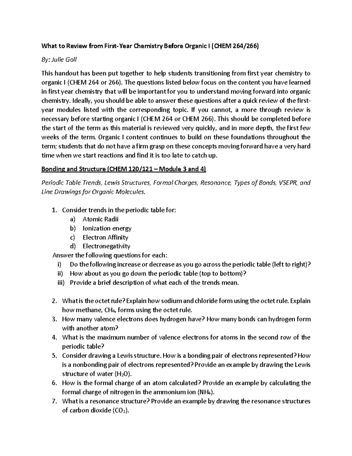 First year review handout for organic I What to Review from First