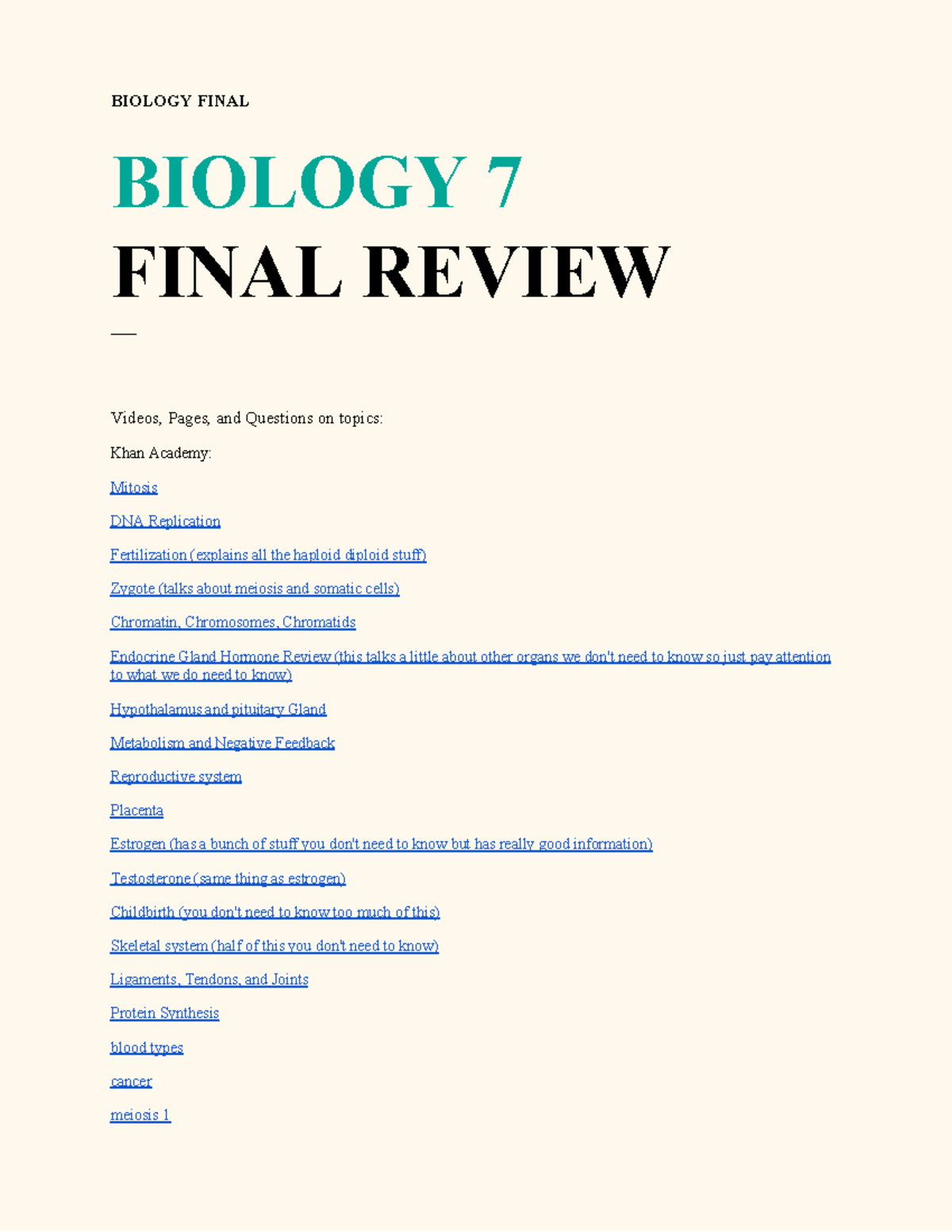 Final Bio Review - BIOLOGY FINAL BIOLOGY 7 FINAL REVIEW Videos, Pages ...