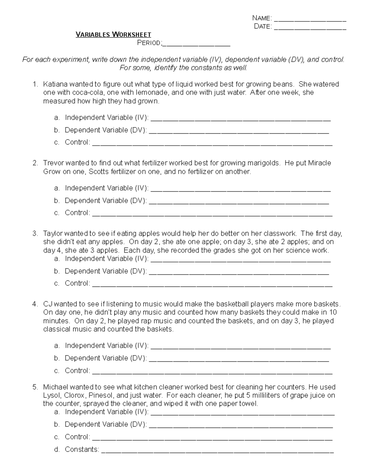 Dependent And Independent Variables Worksheet NAME DATE 