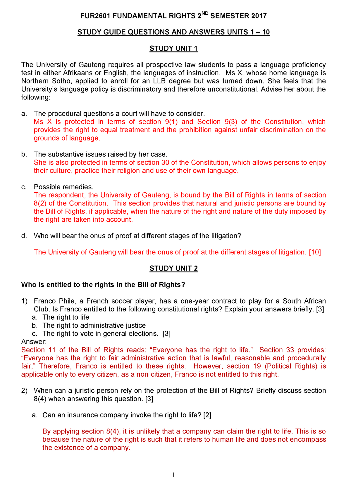 FUR2601 SG Q N A - Lecture notes 1 - 10 - STUDY GUIDE QUESTIONS AND Sns-Brigh10