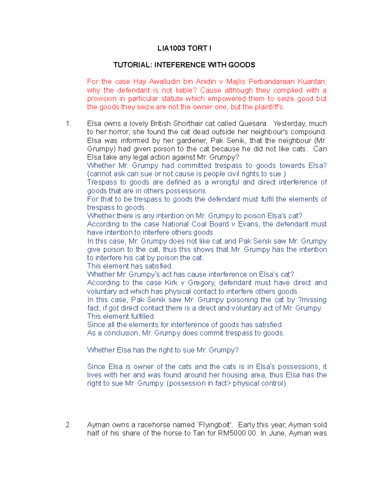 Tutorial Interference with Goods LIA1003 TORT I TUTORIAL INTEFERENCE