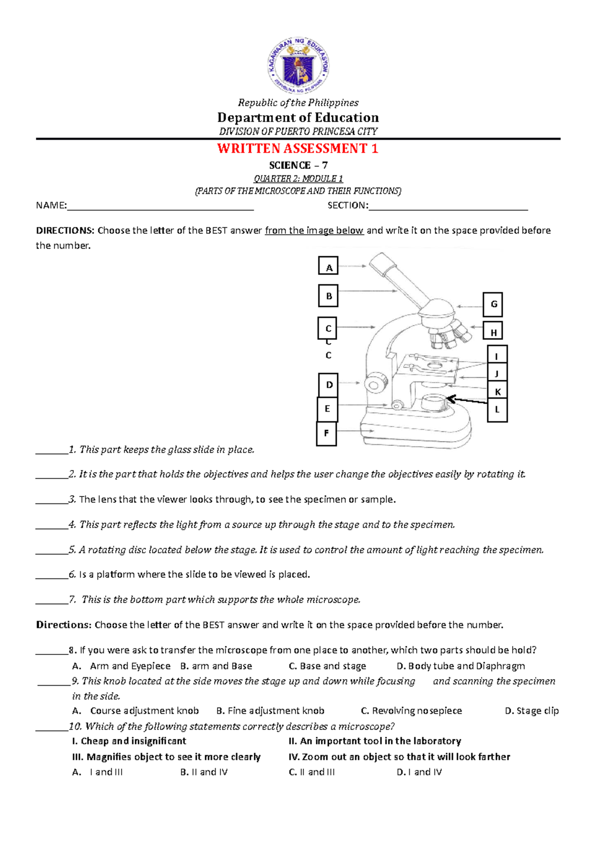 Microscope Quiz WORKSHEET Republic of the Philippines Department of