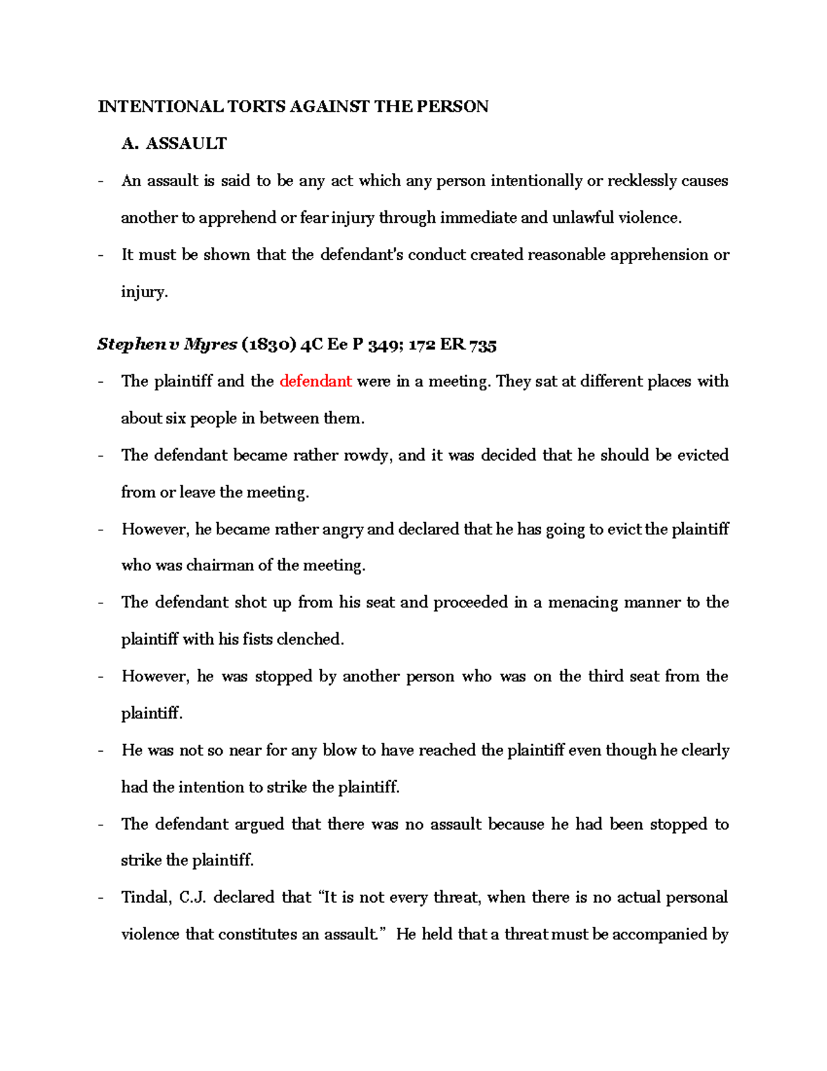 Intentional Torts Against the Person - INTENTIONAL TORTS AGAINST THE ...