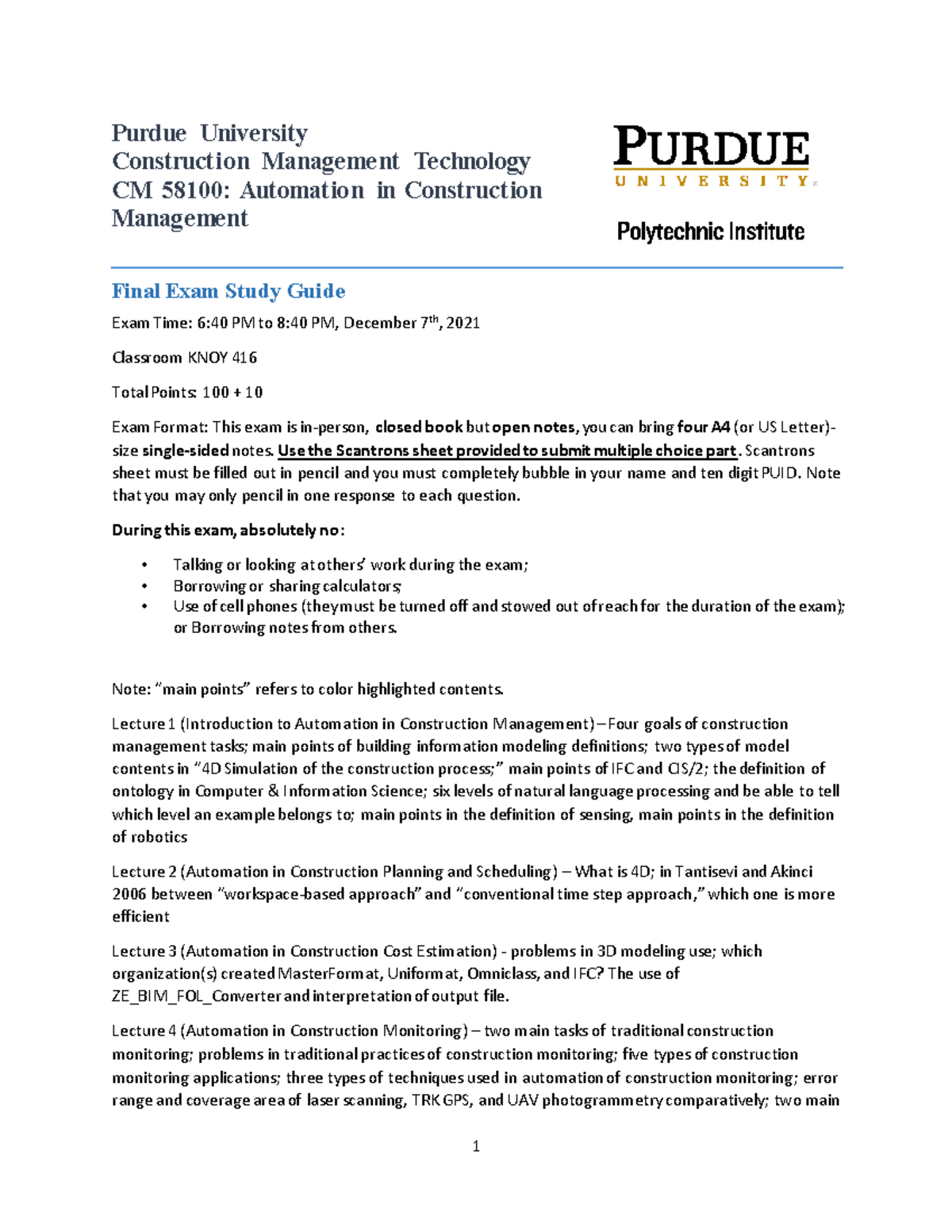 CM 581 Exam Review Guide 1 Purdue University Construction