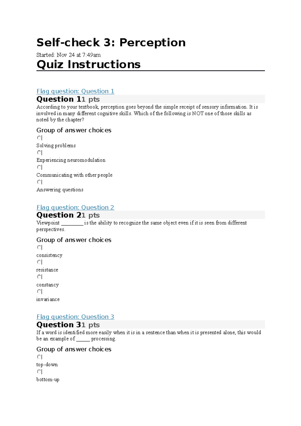PSY2000 6 Quizzes 3 Perception - Self-check 3: Perception Started: Nov ...