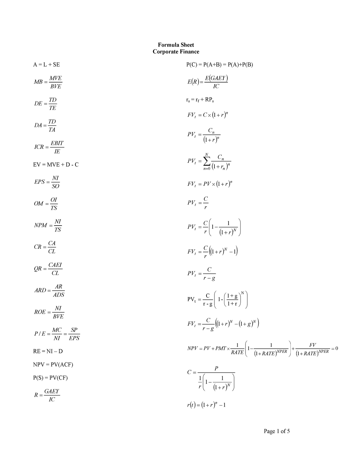 Formula Sheet Corporate Finance Formula Sheet Corporate Finance A L Se Bve Mve Mb Te Td De 3569