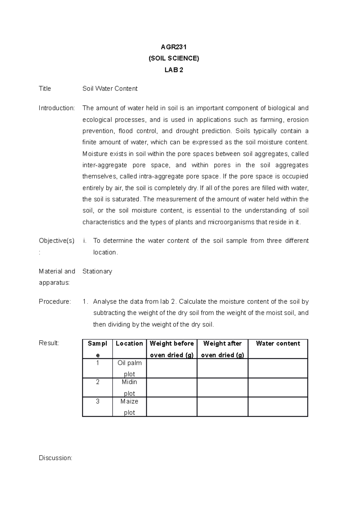 Agr231 Lab 2 Soil Water Content Agr Soil Science Lab 2 Title Soil