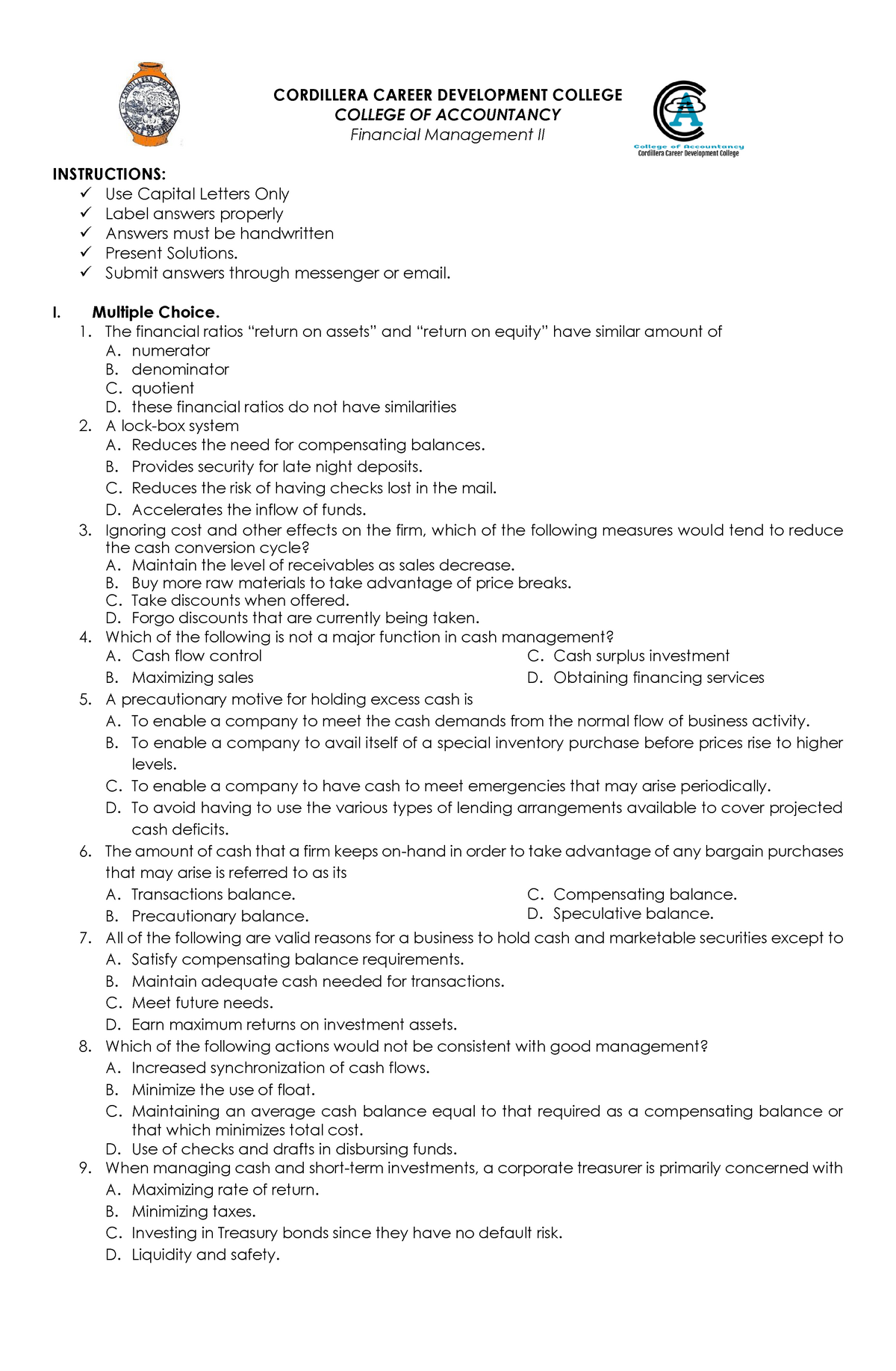 Financial Management Midterm Examination No Answers - CORDILLERA CAREER ...