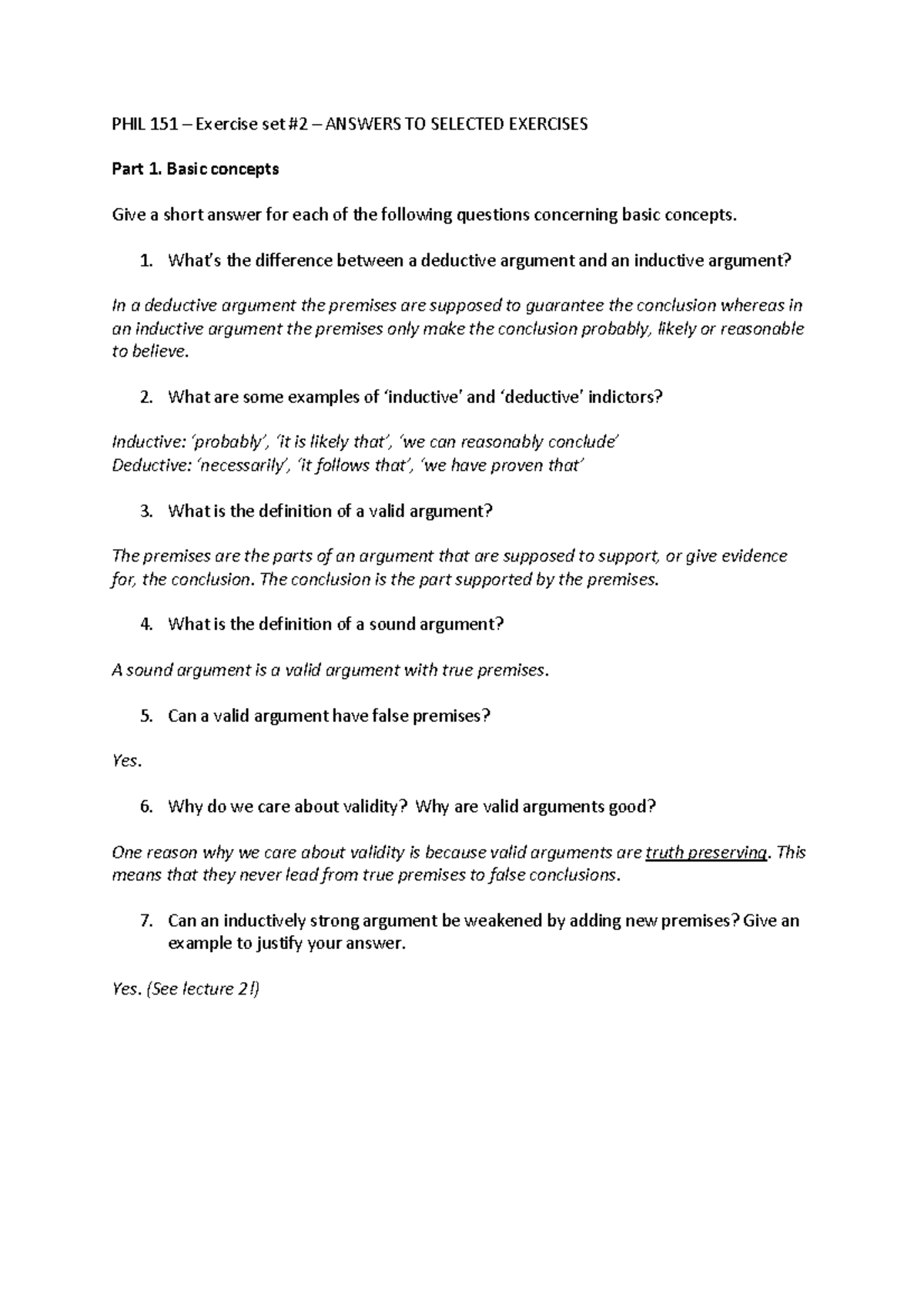 Phil151 exercises 2 selected answers - PHIL 151 – Exercise set # 2 ...