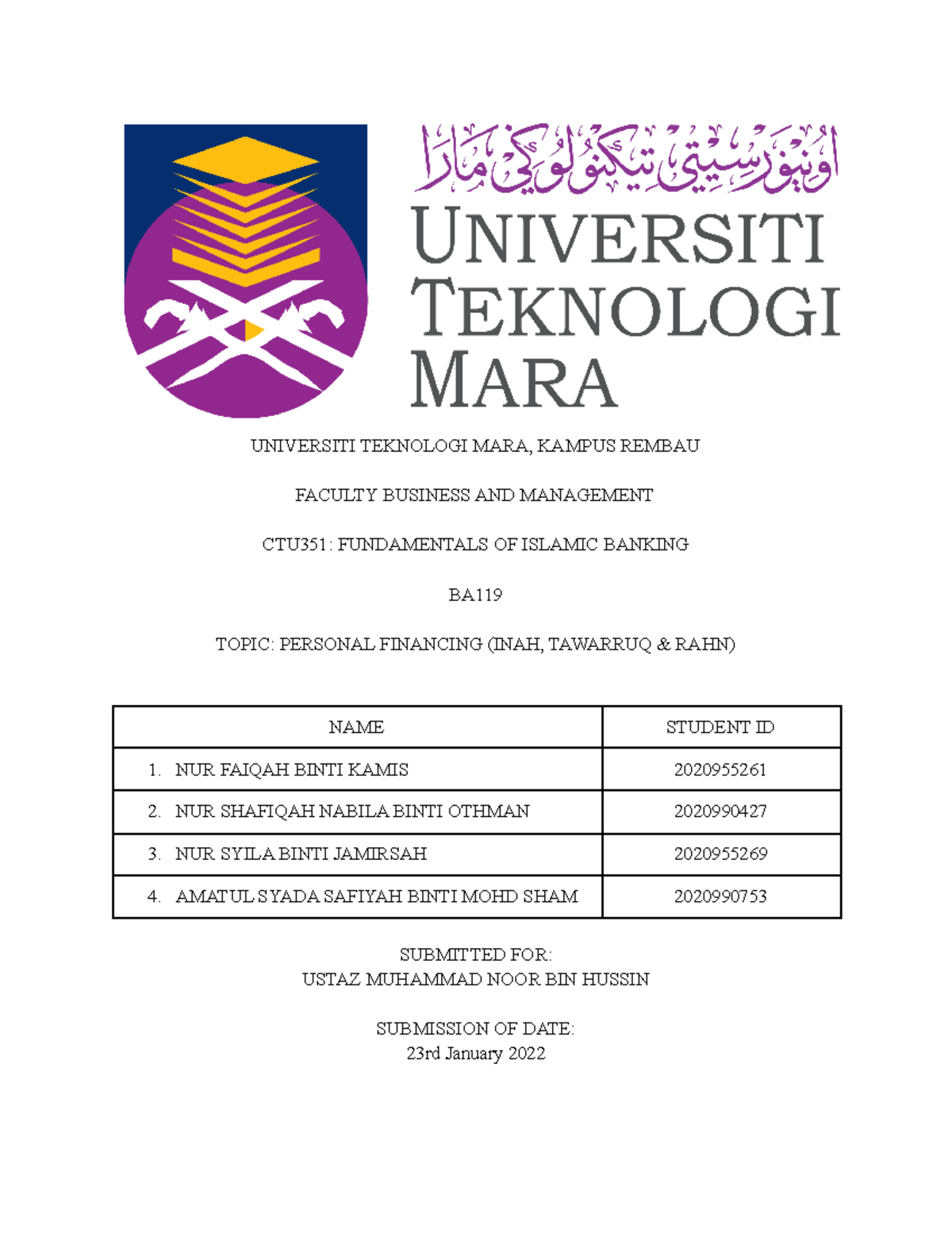 Ctu351 Report Group Assignment Universiti Teknologi Mara Kampus Rembau Faculty Business And Ctu351 Report Group Assignment Universiti Teknologi Mara Kampus Rembau Faculty Business And