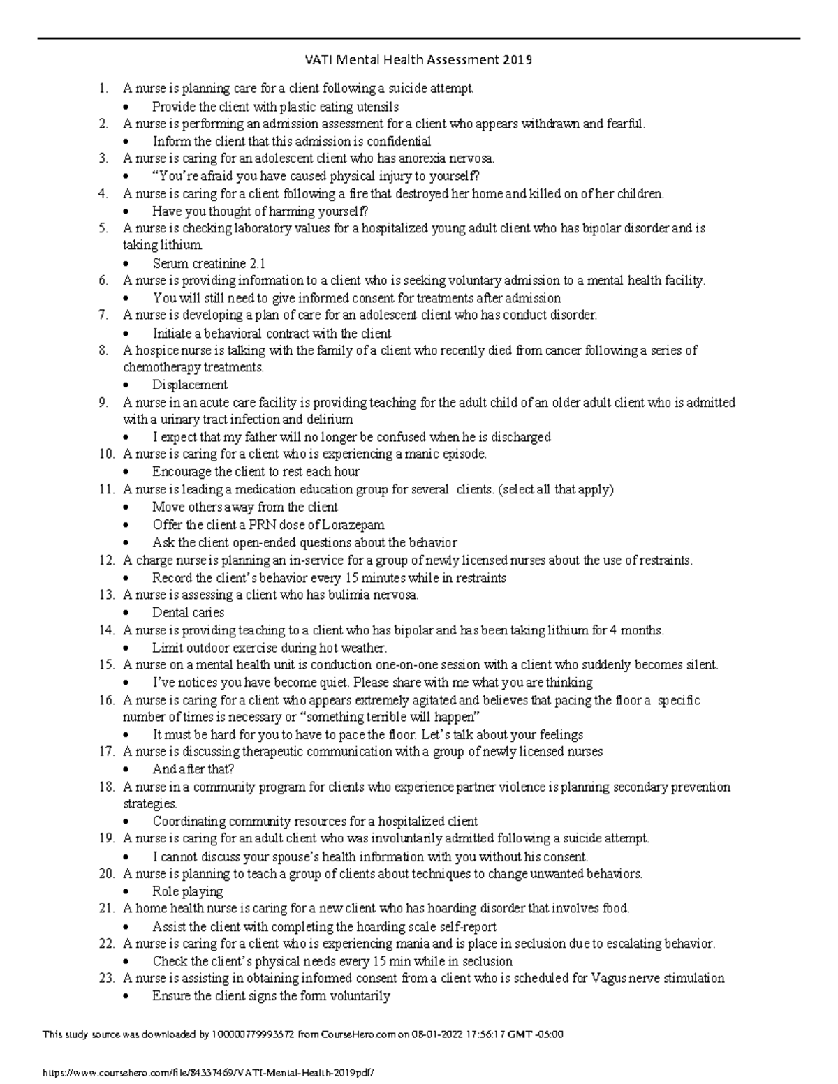 Mental Health Scale by Numbers 1-10 2019 - NCLEX Quiz