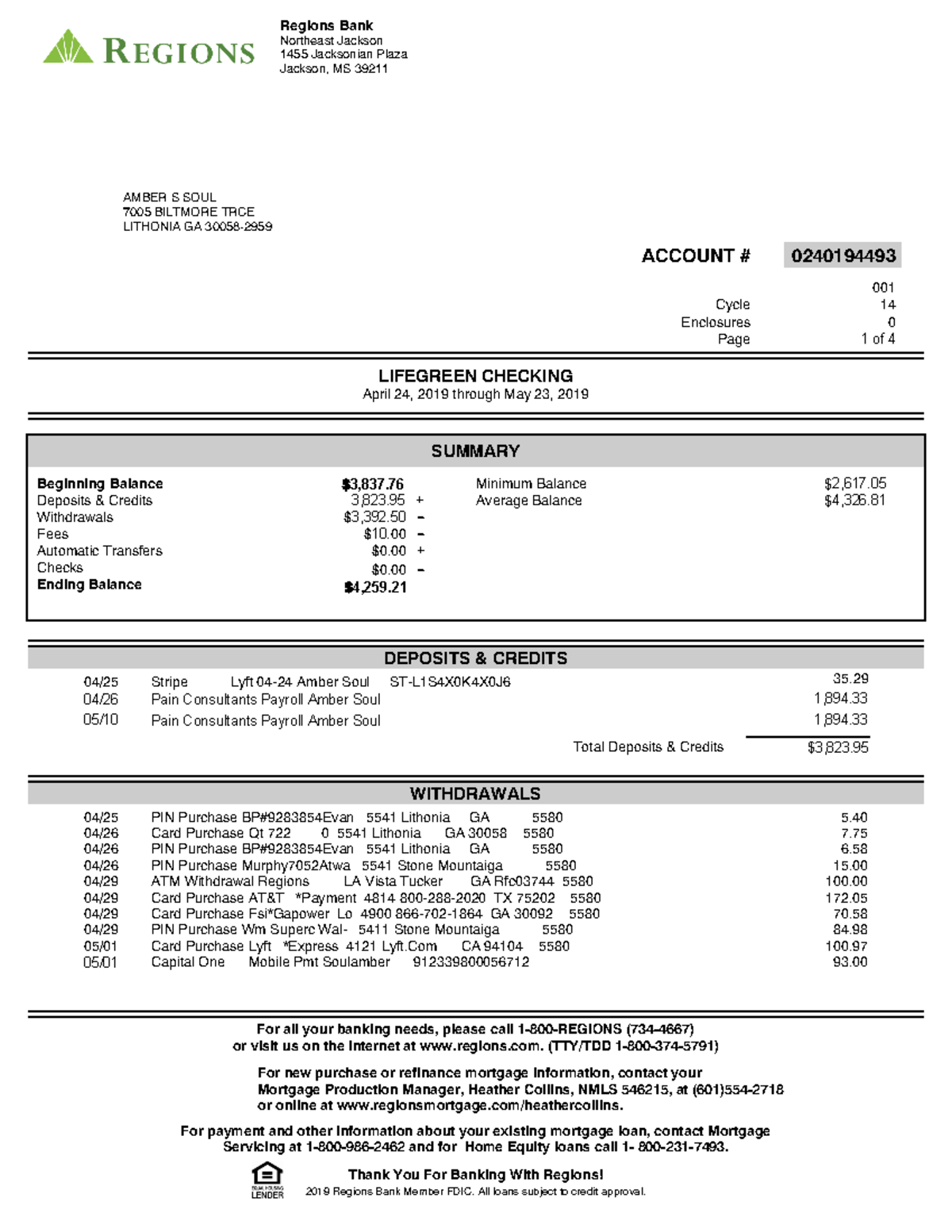 Regions Statements - 001 Cycle 14 Regions Bank Northeast Jackson 1455 ...