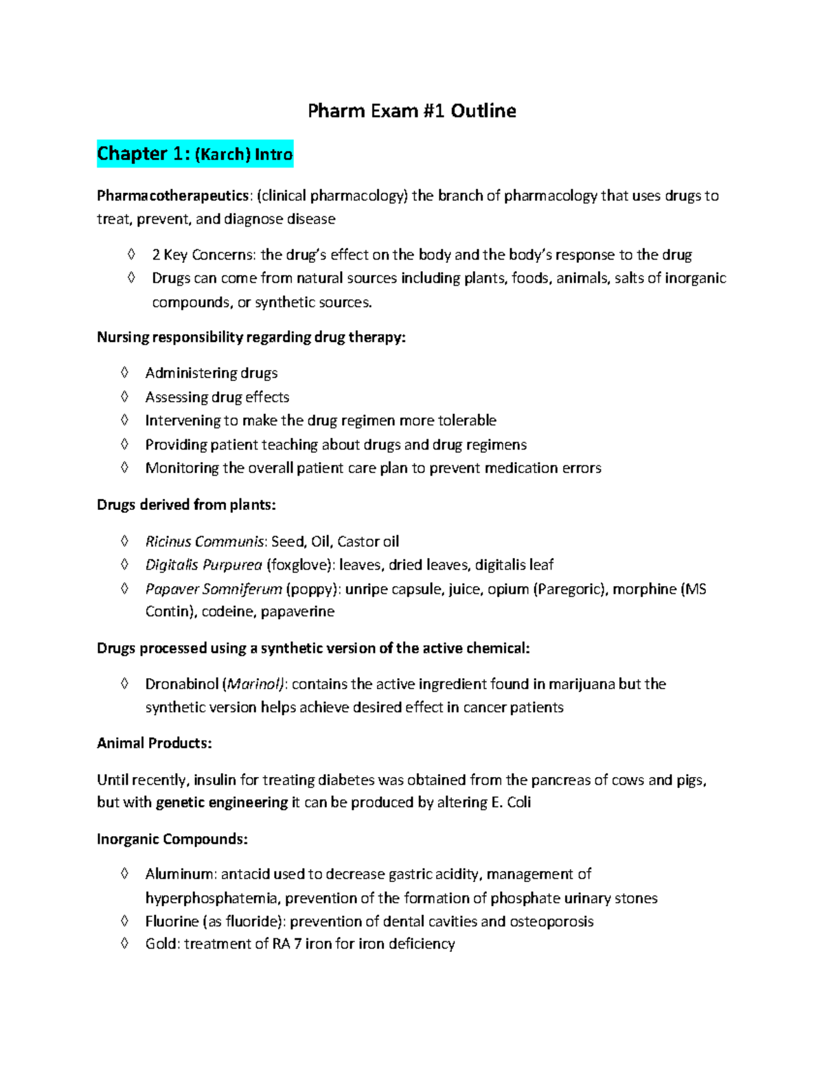 Pharm EXAM 1 Outline - Pharm Exam #1 Outline Chapter 1: (Karch) Intro ...