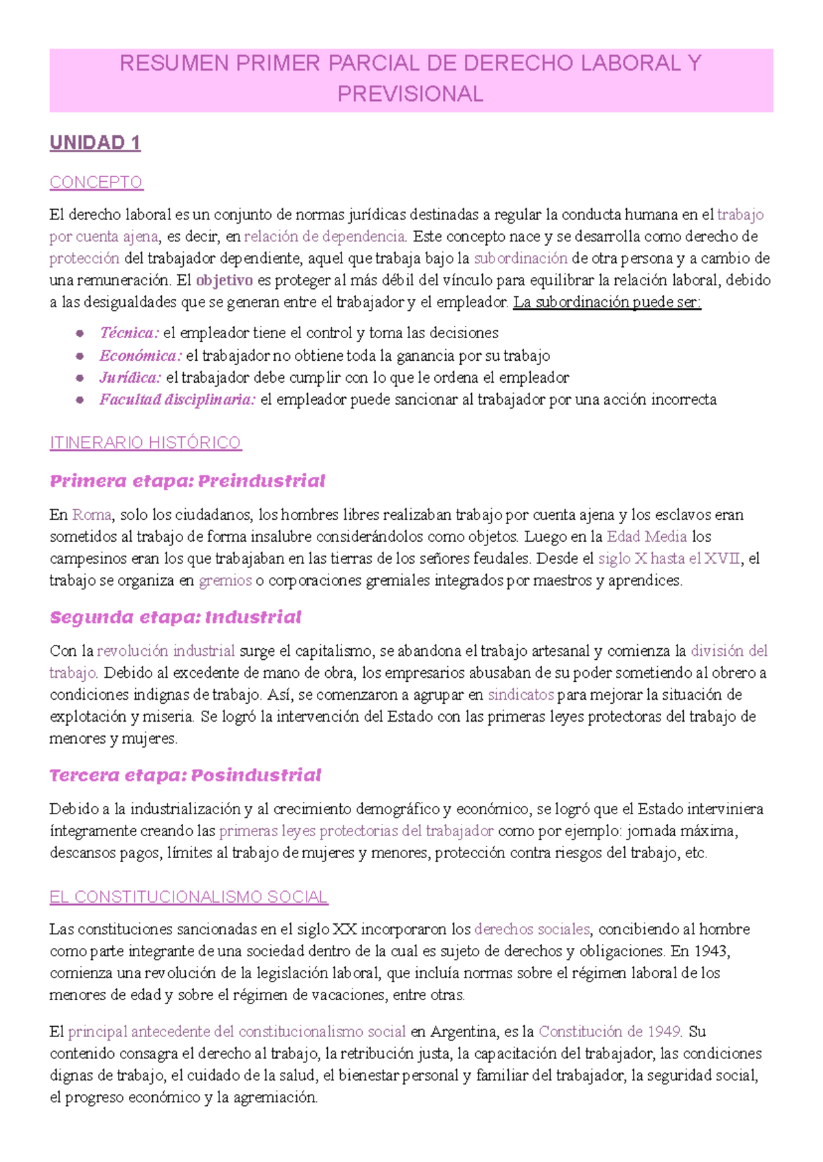 Resumen Primer Parcial DE Derecho Laboral Y Previsional - RESUMEN ...