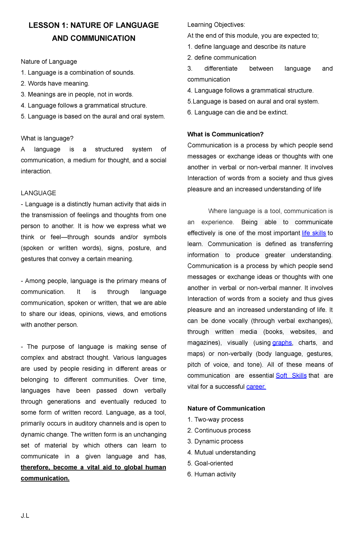 Premid Purposive Communication Lesson 1 Nature Of Language And Communication Nature Of 