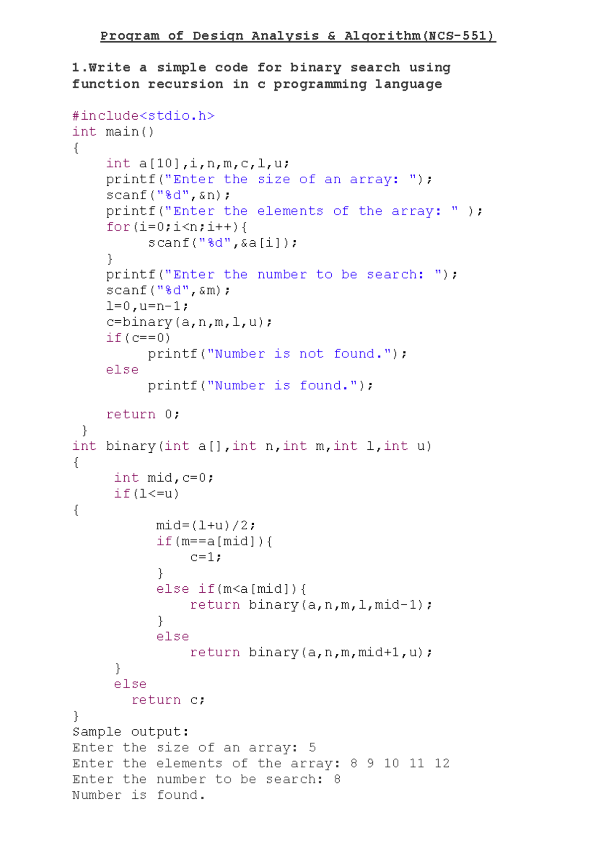 Program Of Design Analysis Of Algorithm Program Of Design Analysis Algorithm Ncs A