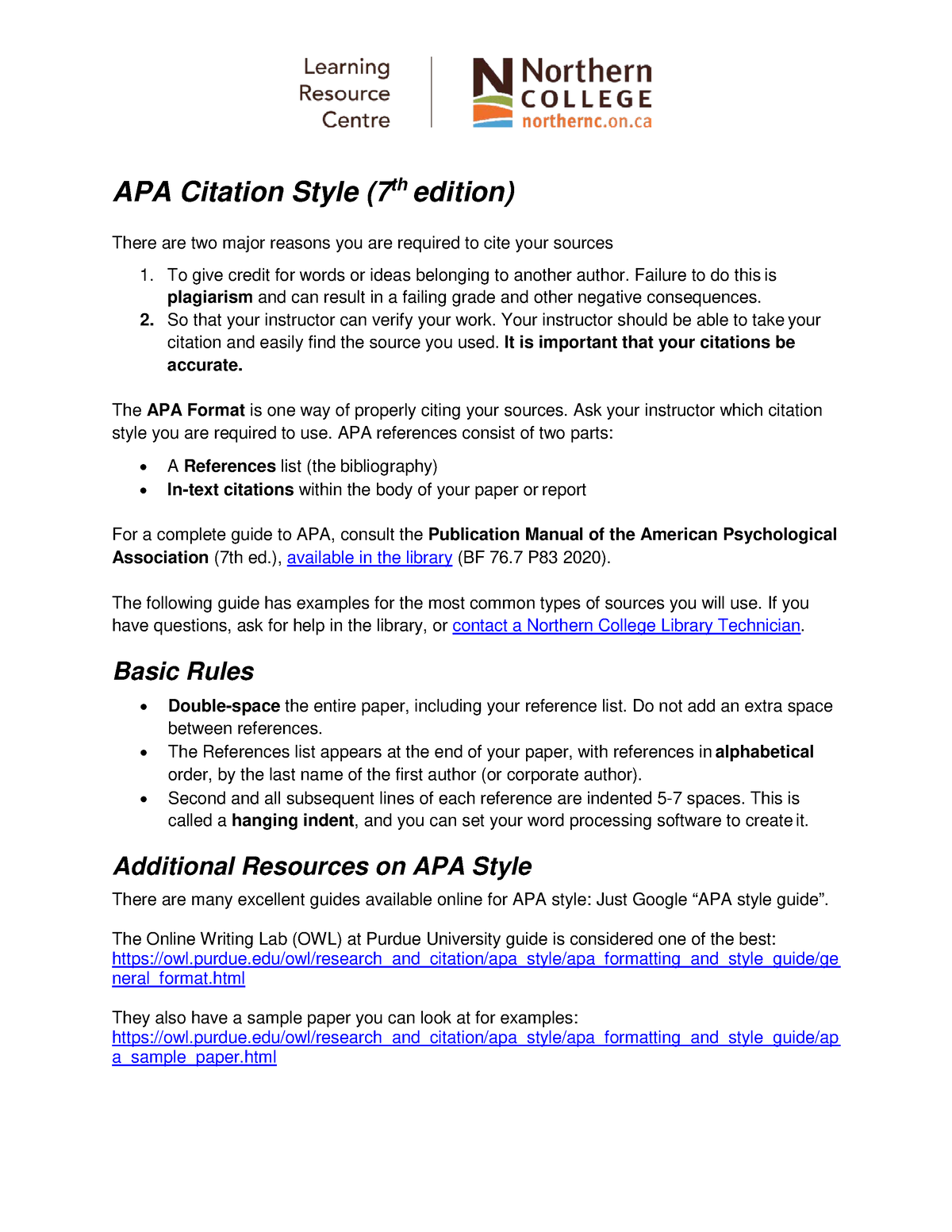 Northern College APA 7th Ed - APA Citation Style (7th Edition) There ...