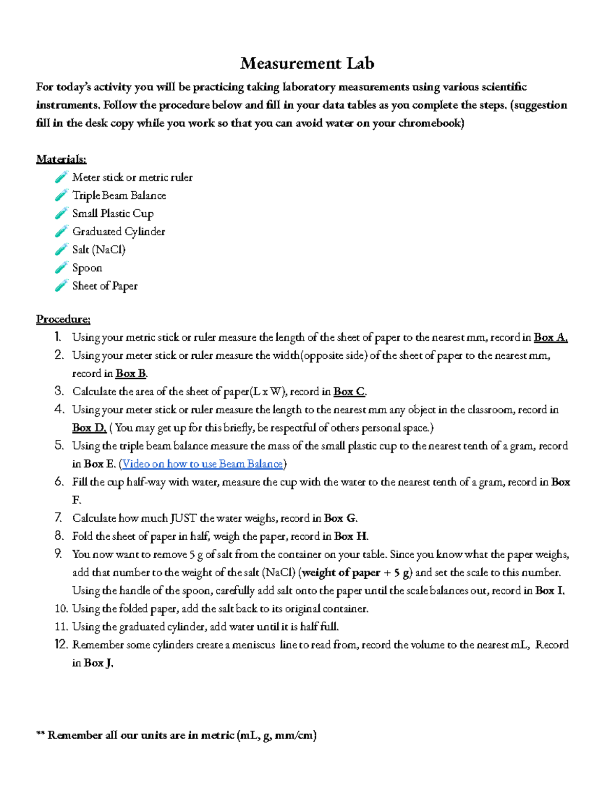 Measurement Lab 8th Grade Measurement Lab For today’s activity you