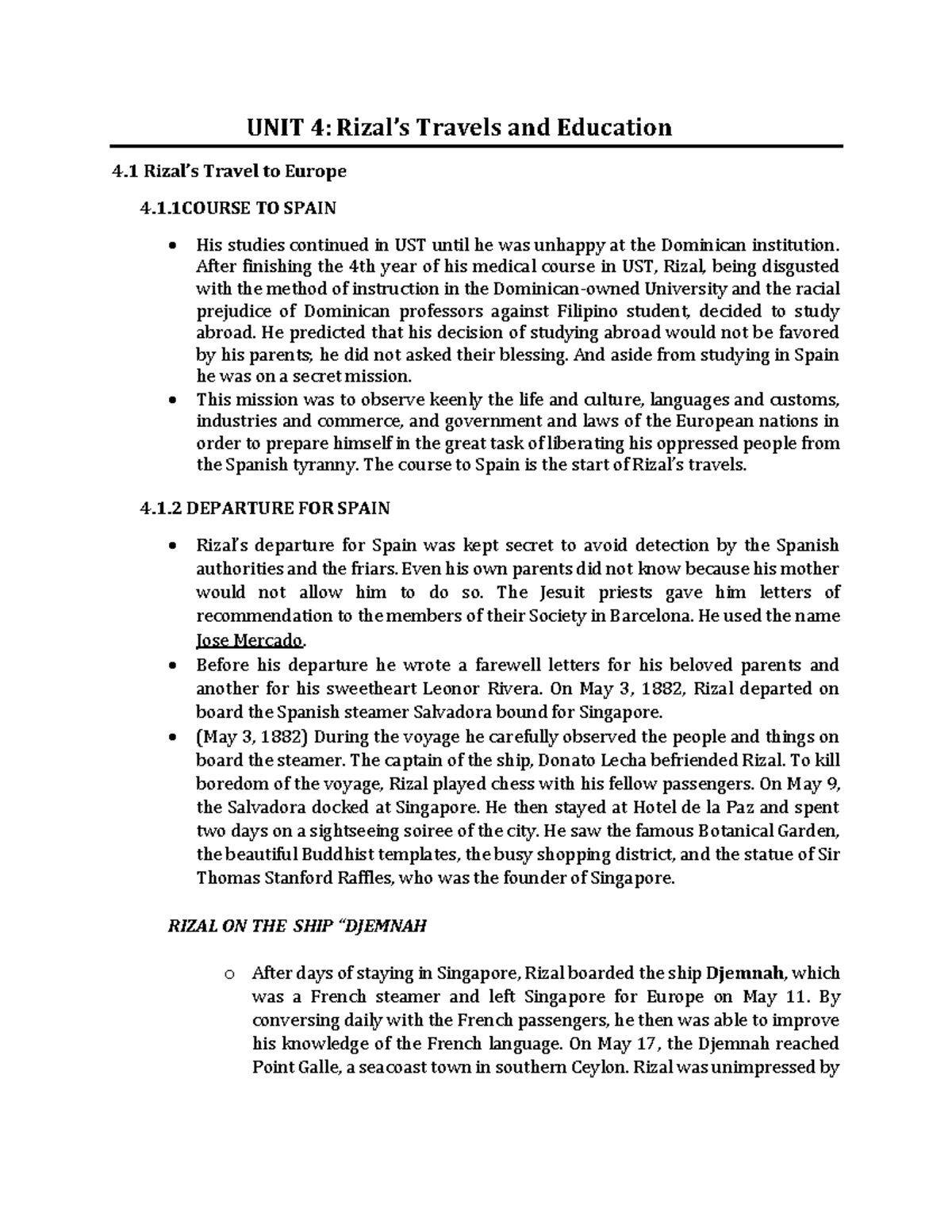 UNIT 4 - Lecture notes 5 - UNIT 4: Rizal’s Travels and Education 4 .1 ...