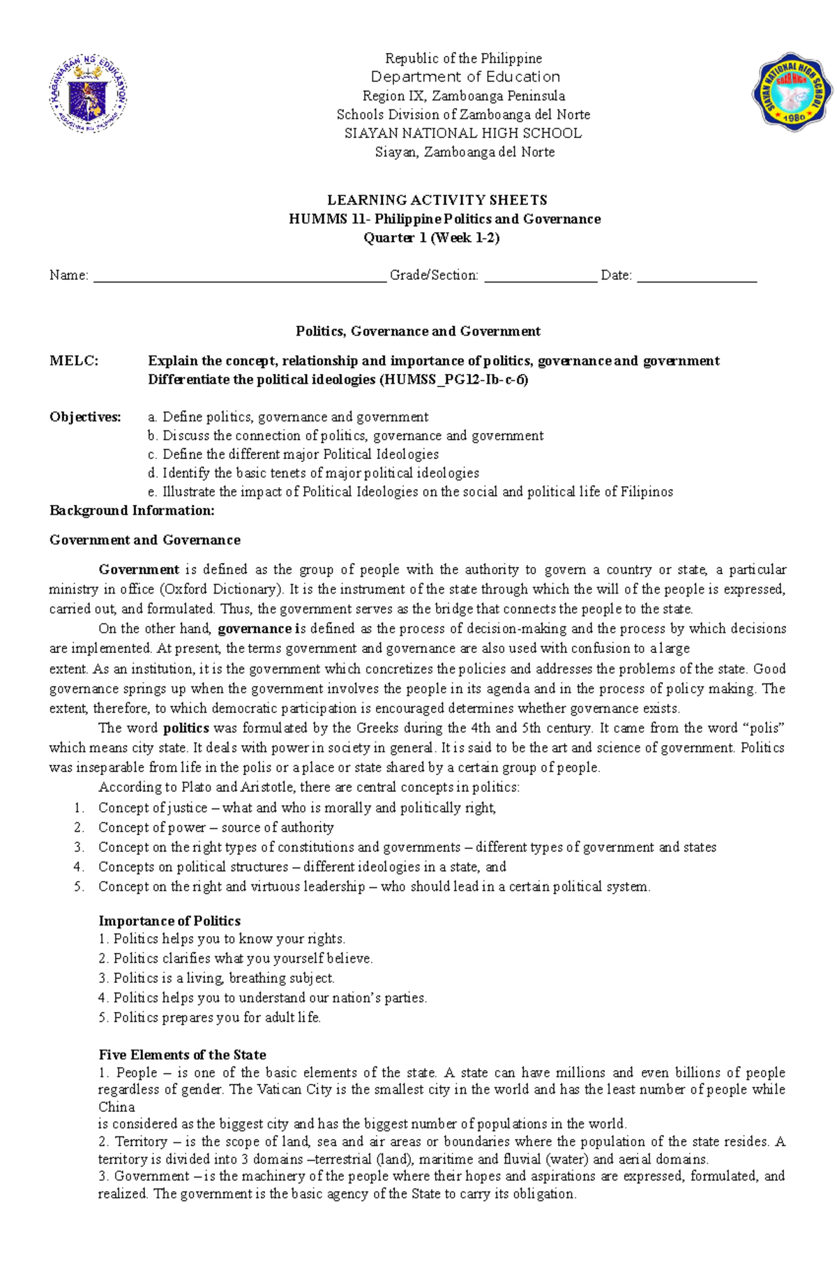 PPG WEEK 1-2 - NOTES - Republic of the Philippine Department of ...