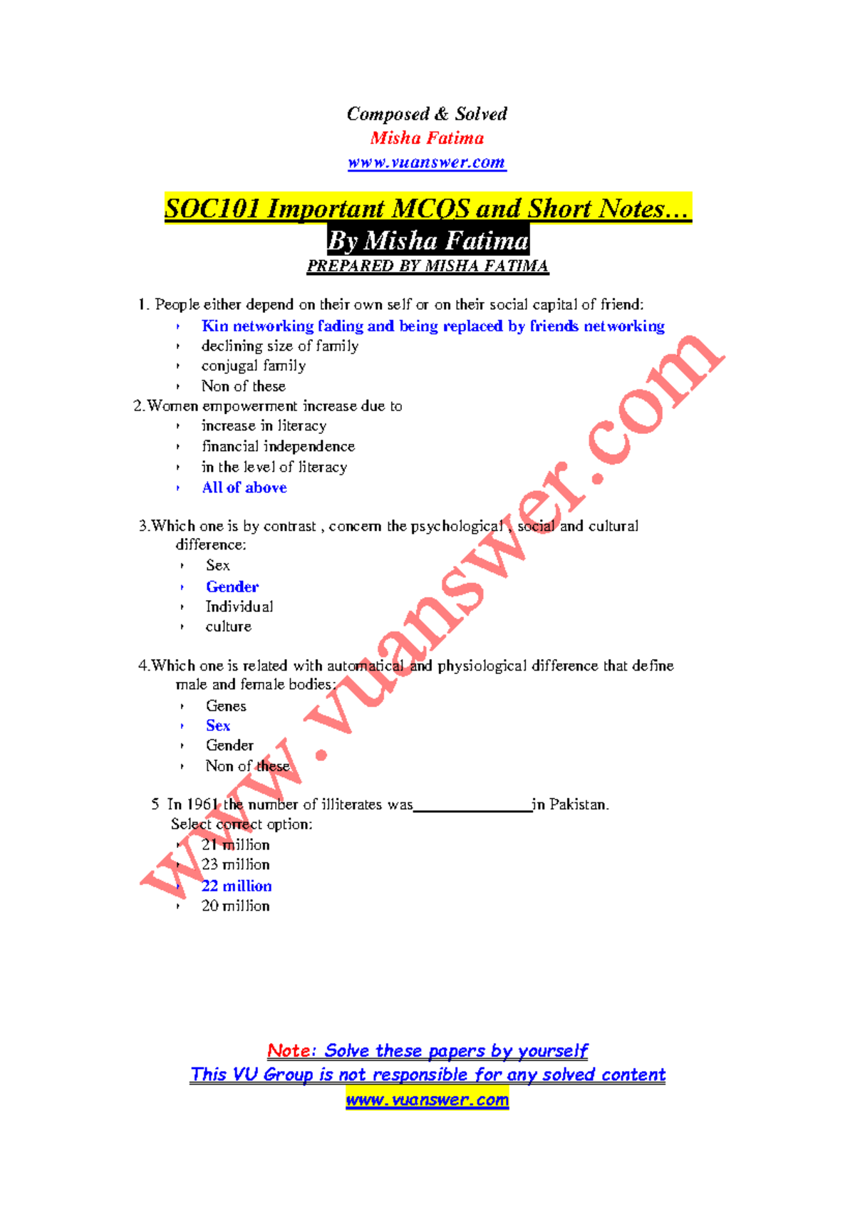 SOC101 Short Notes (VUAnswer - Misha Fatima vuanswer Note: Solve these ...