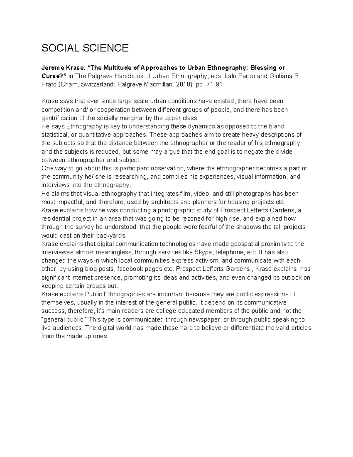 Week 12 Social Science Reading Notes SOCIAL SCIENCE Jerome Krase