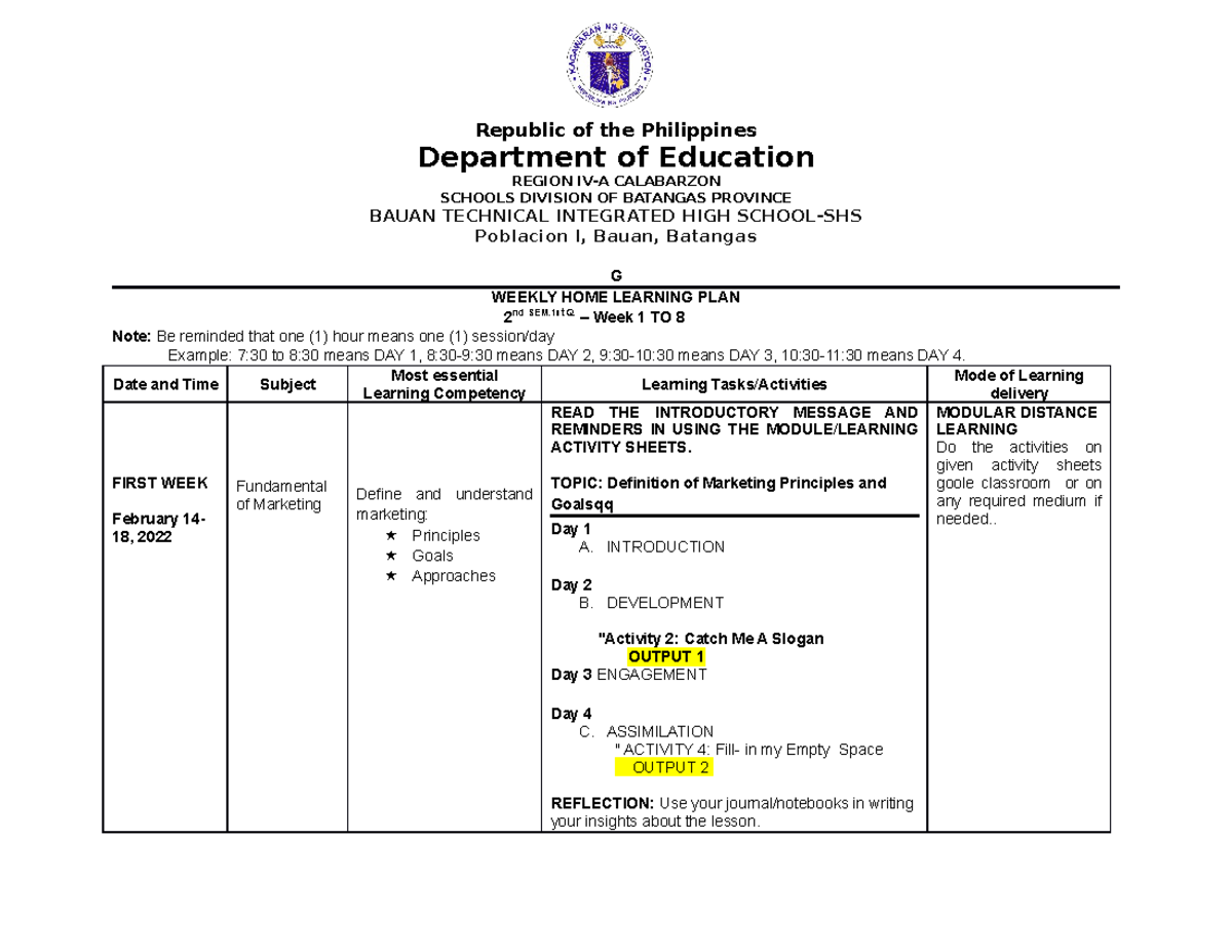 Weekly HOME Learning PLAN - Department of Education REGION IV-A ...