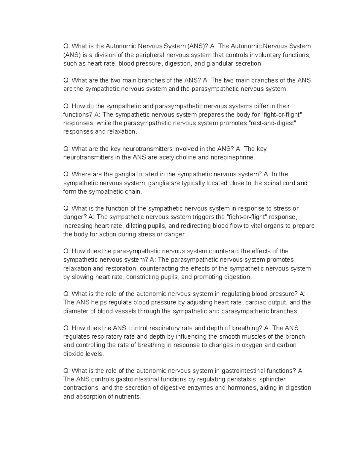 Chapter 6 ANS - summaries - Q: What is the Autonomic Nervous System ...