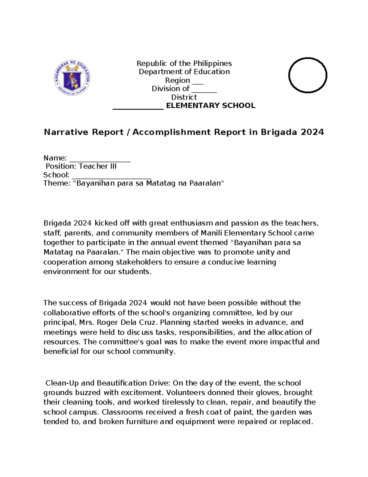 NARRATIVE REPORT OF BRIGADA ESKWELA - Republic of the Philippines ...