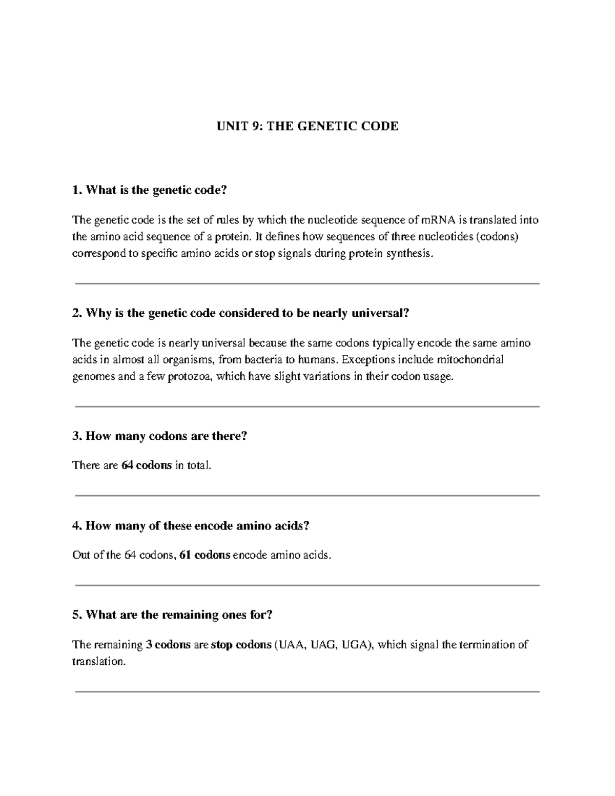 UNIT 9 THE Genetic CODE - UNIT 9: THE GENETIC CODE 1. What is the ...