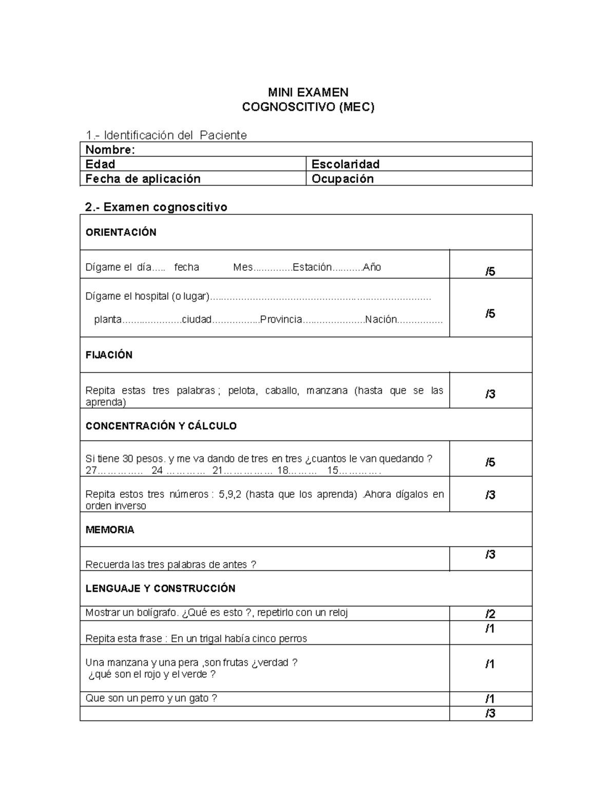 Minimental test - hola hola - MINI EXAMEN COGNOSCITIVO (MEC) 1 ...